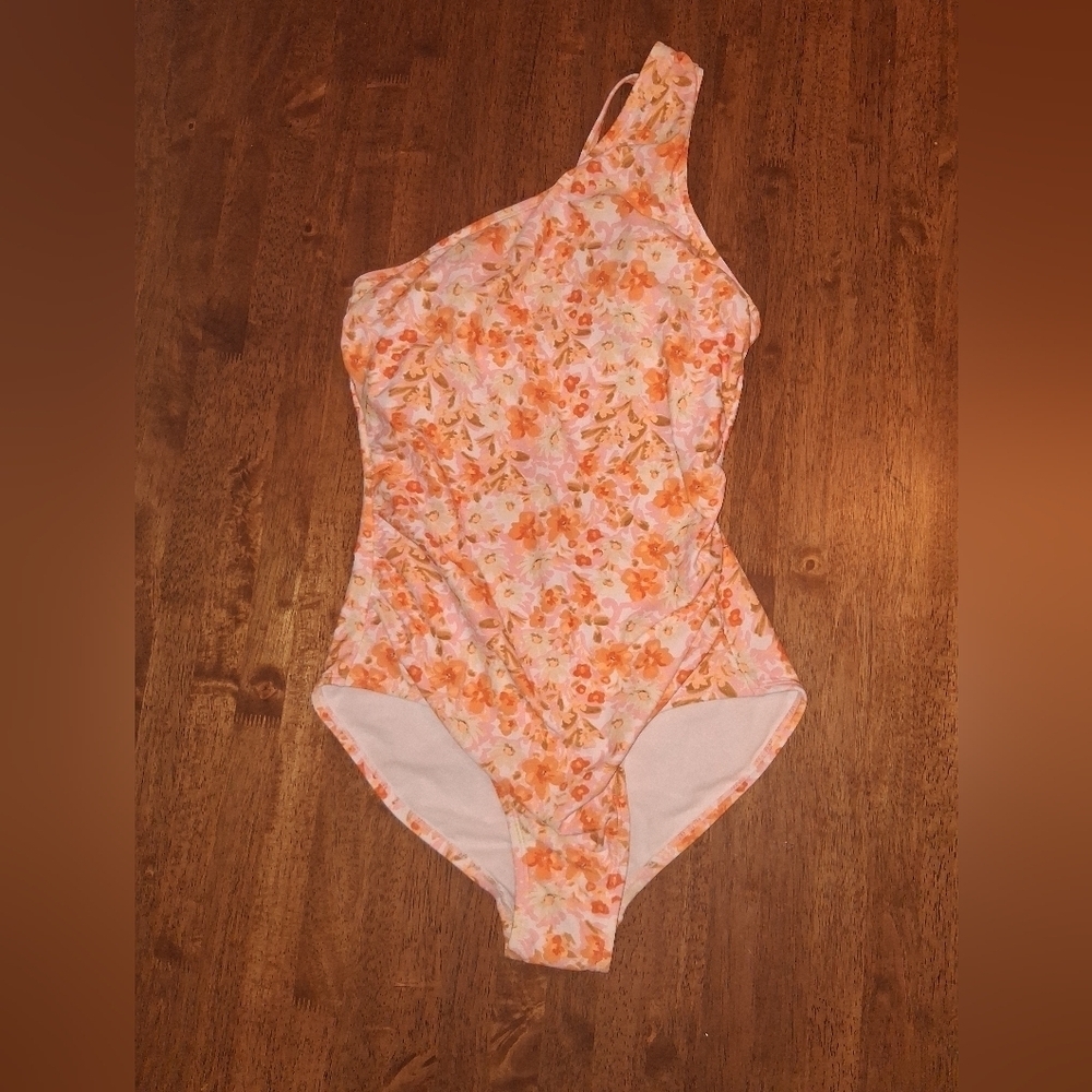 Kona Sol NWT Peach Floral High Coverage One Shoulder One Piece Bathing Suit 8/10